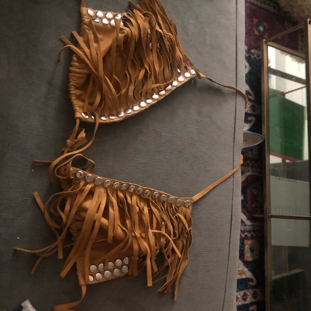 One of a Kind Vintage leather fringe halter Top